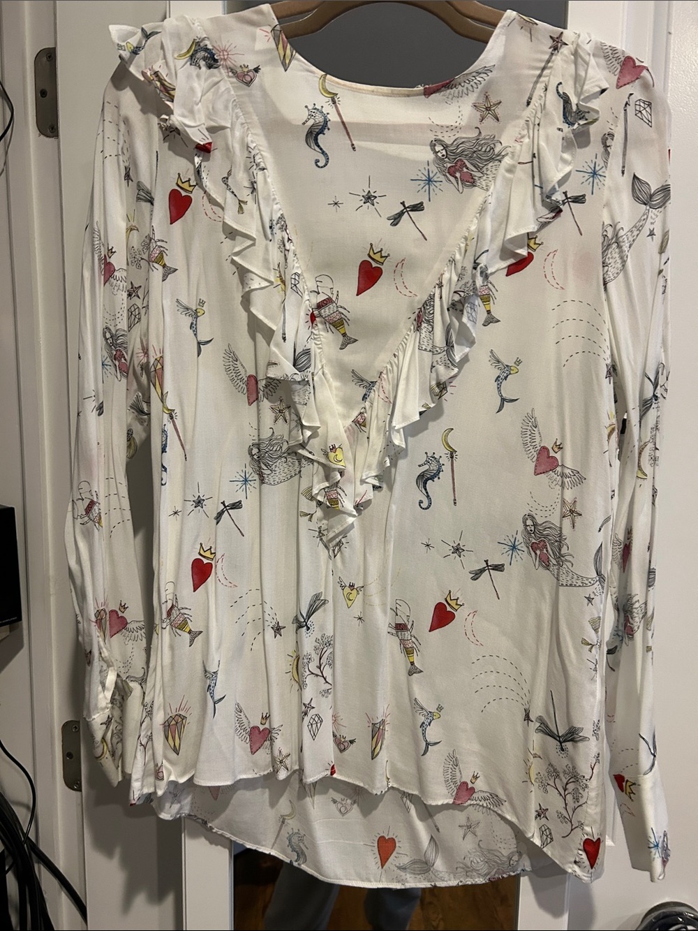 Zara White Printed Ruffle V-Neck Blouse with Red and Blue Accents